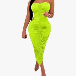 Strapless Ruched Neon Green Midi Dress - Women